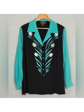 Bob Mackie Wearable Art Silk Blouse 1X Teal Black Floral